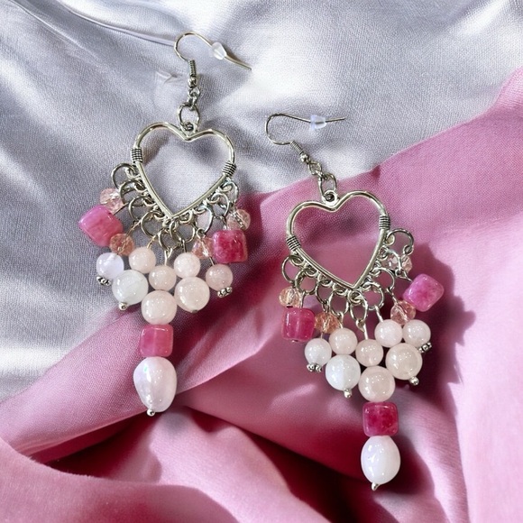 Rose Quartz and Crystals Heart Shaped Silver Toned Chandelier Earrings - Picture 5 of 17